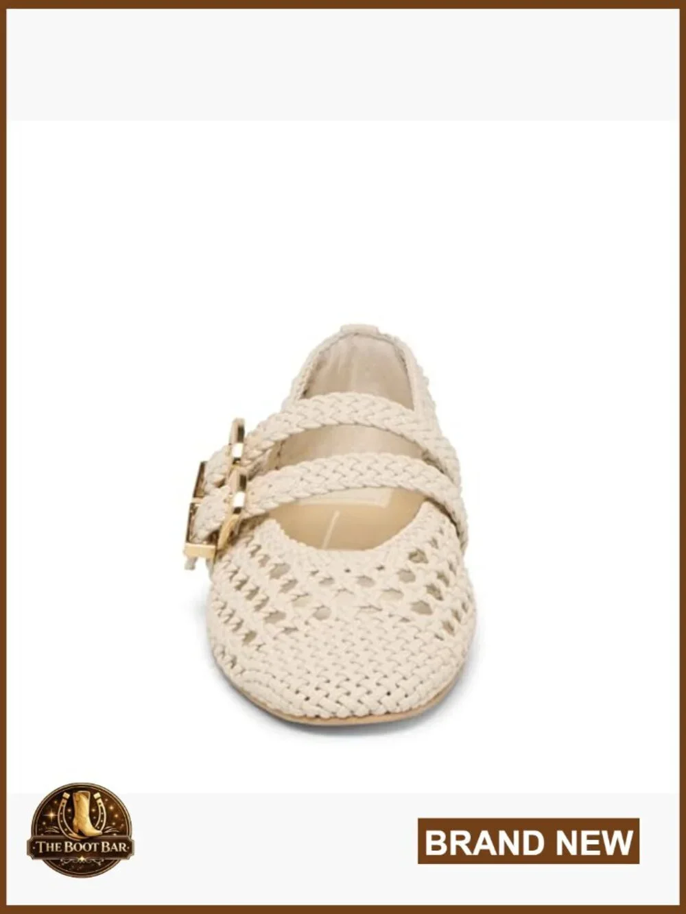Woven Ballet Flat with Leather Upper, Rubber Sole, Buckle Closure, Solid Pattern